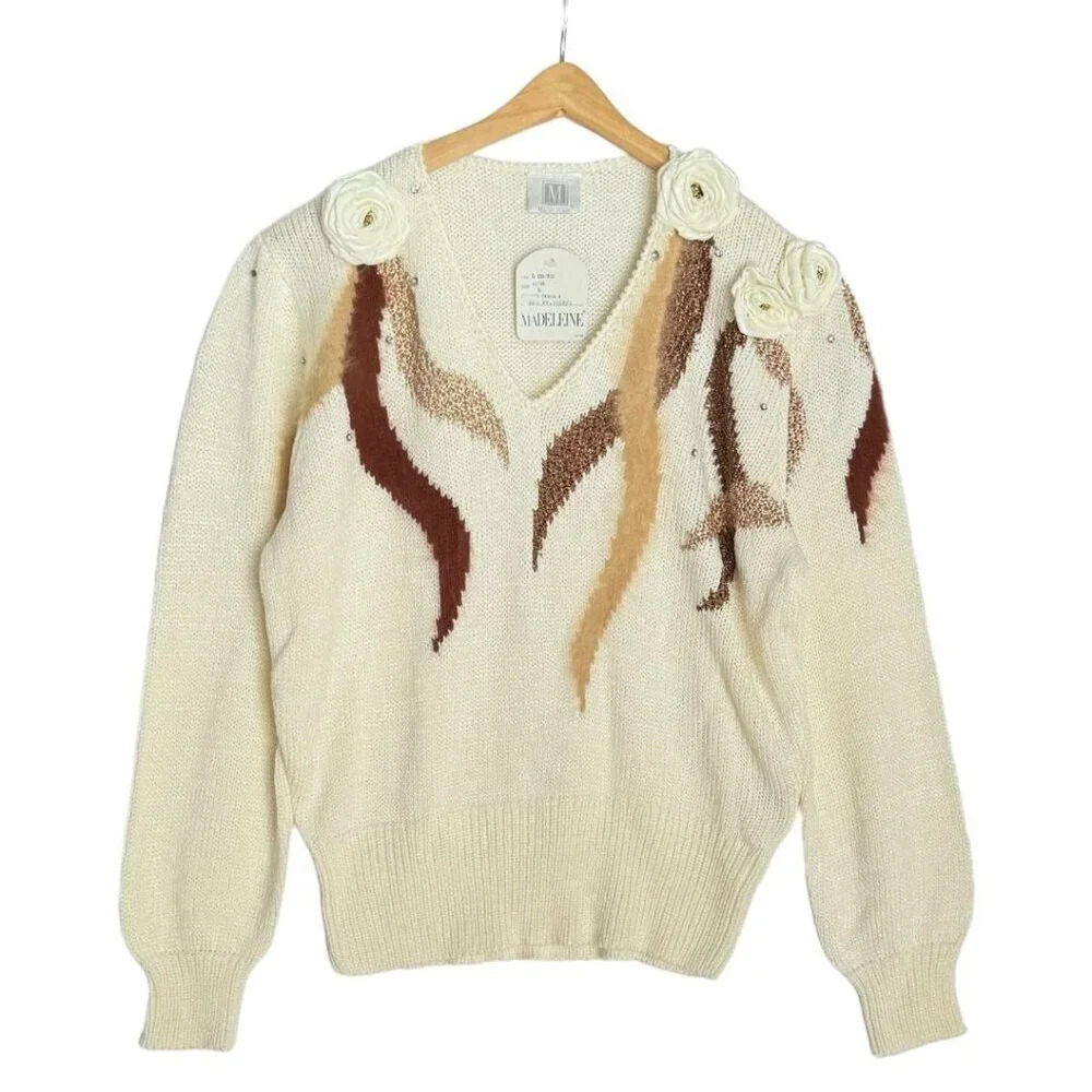 80s Vintage Madeleine Ivory‎ Brown Metallic Rosette Long Puff Sleeve Sweater